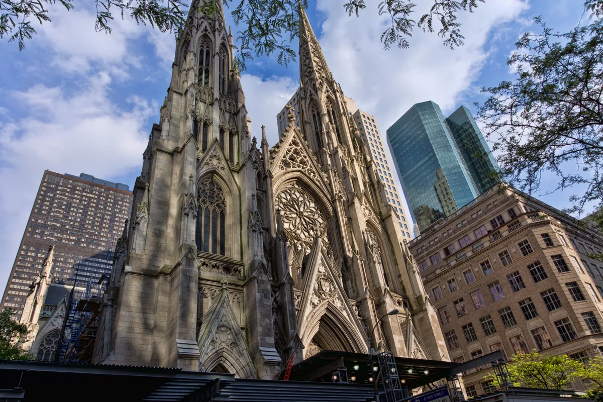 Facade and twin spires of St. Patrick's Cathedral in Manhattan, New York